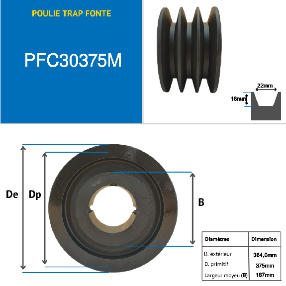 Poleas Poleas trapezoidales con cubo desmontable PFC30375M Polea trapezoidal de hierro fundido tipo SPC / C con cubo desmontable serie 3535 con 3 ranuras, diámetro de paso 375 mm-Leer más