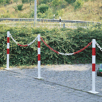 Absperrpfosten Bern, ohne Kettenöse, zum Aufdübeln, rot/reflektierend-weiß, Ø 60mm, 1000mm-Beschreibung lesen