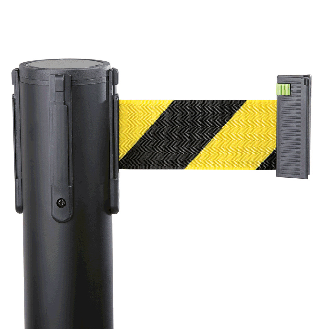 Gurtpfosten, schwarz, Stahl, Gurt gelb/schwarz schraffiert, 50mm, 4m, 11kg-Beschreibung lesen