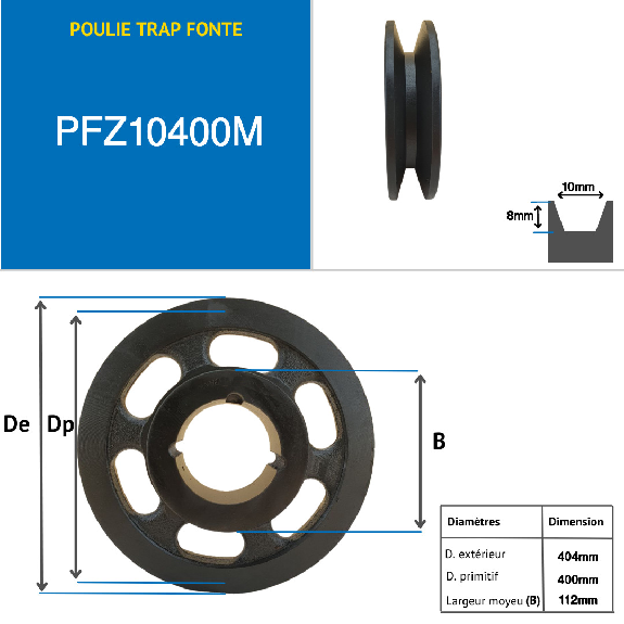 Pulegge Pulegge trapezoidali con mozzo smontabile PFZ10400M Puleggia trapezoidale in ghisa tipo SPZ / Z con mozzo smontabile serie 2012 con 1 scanalatura, passo diametro 400 mm-Leggi tutto