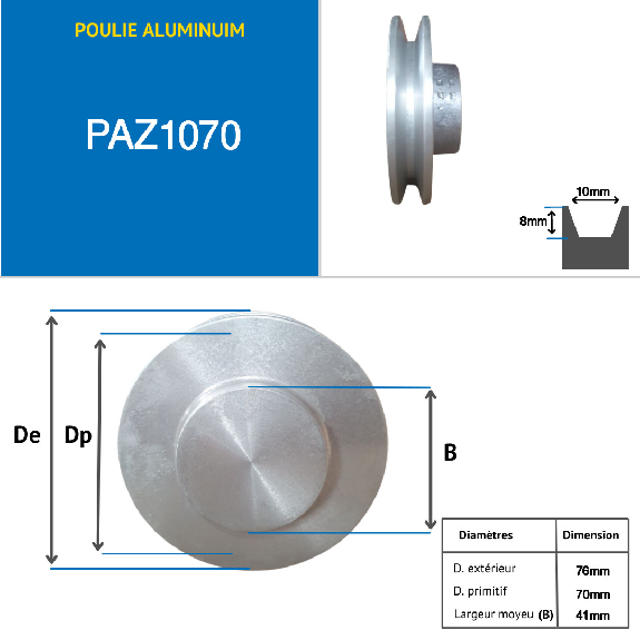 poulie aluminium trapézoïdale  1 gorges type Z diamètre 070 mm-Lire la description