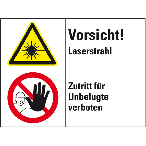 Kombischild mit Symbol Vorsicht! Laserstrahl..., Folie, 200x150mm, ASR A1.3, DIN EN ISO 7010 D-P006 W004-Lire la description