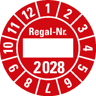 Prüfplakette Regal Nr.,2028, Beschriftungsfeld,rot,Folie,Ø 30mm,10/Bogen-Beschreibung lesen