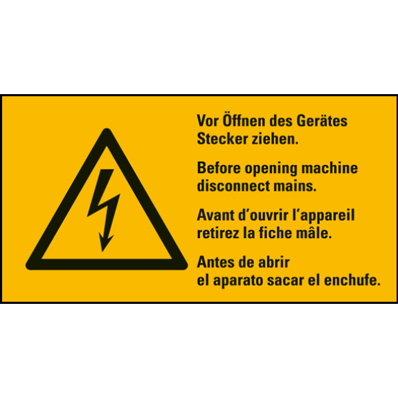 Warn-Kombischild Vor Öffnen des Gerätes..., RoHS konform, 4-sprachig, Folie, 74x37mm, ASR A1.3, DIN EN ISO 7010 W012-Leggi tutto