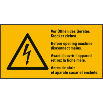 Warn-Kombischild Vor Öffnen des Gerätes..., RoHS konform, 4-sprachig, Folie, 74x37mm, ASR A1.3, DIN EN ISO 7010 W012-Beschreibung lesen