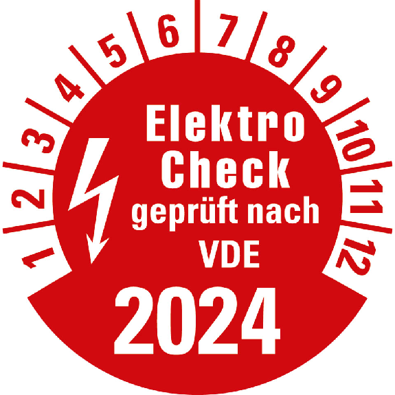 Prüfplakette Elektro-Check nach VDE,2024,rot,Folie,selbstkl.,Ø 30mm,10/Bogen-Beschreibung lesen