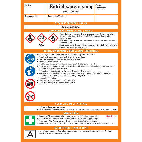 Betriebsanweisung Reinigungsmittel, CLP/GHS, Kunststoff, 210x297mm, ASR A1.3, DIN EN ISO 7010-Beschreibung lesen