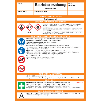 Betriebsanweisung Reinigungsmittel, CLP/GHS, Kunststoff, 210x297mm, ASR A1.3, DIN EN ISO 7010-Beschreibung lesen