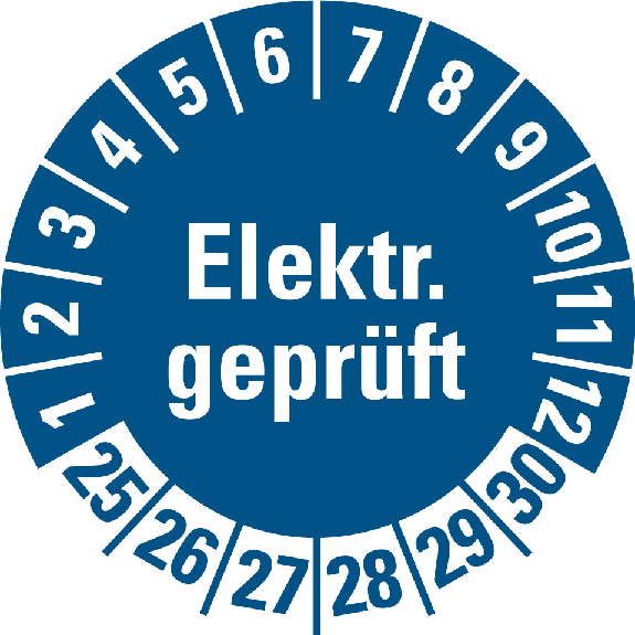 Prüfplakette Elektr.geprüft, 25-30, blau, Folie, selbstklebend,Ø 30mm,500/Rolle Prüfplakette Elektr.geprüft, 25-30, blau, Folie, selbstklebend,Ø 30mm,500/Rolle-Beschreibung lesen