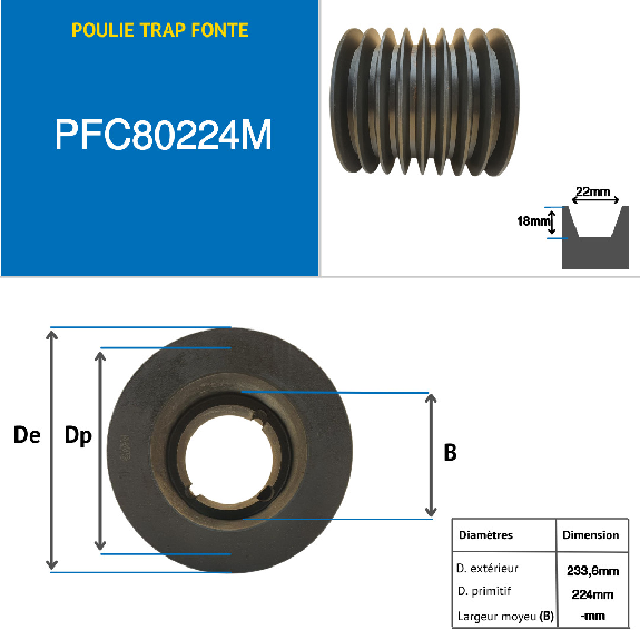 Poulie fonte trapézoïdale type SPC / C à moyeu amovible série 3535 avec 8 gorges, diamétre primitif de 224 mm Poulie fonte trapézoïdale type SPC / C à moyeu amovible série 3535 avec 8 gorges, diamétre primitif de 224 mm-Lire la description