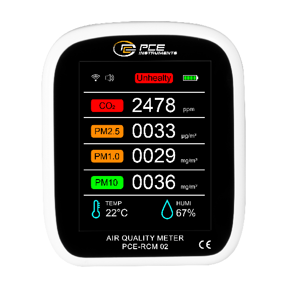 Partikelzähler PCE-RCM 02 misst Luftqualität | Feinstaub PM 1 / PM 2,5 / PM 10 | TVOC 0 ... 9,999 mg/m³-Beschreibung lesen
