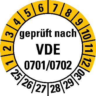 Prüfplakette geprüft nach VDE 0701/0702,25-30,Folie,selbstkl.,Ø 20mm,10/Bogen-Beschreibung lesen