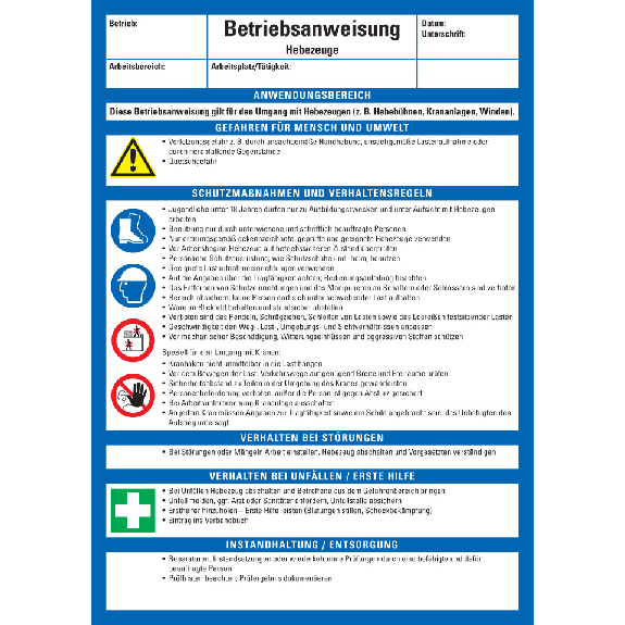 Maschinenbetriebsanweisung Hebezeuge, Kunststoff, 210x297mm, ASR A1.3, DIN EN ISO 7010-Leggi tutto