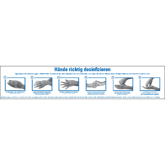 Hinweisschild Hände richtig desinfizieren, Folie, selbstklebend, 600x120mm Hinweisschild Hände richtig desinfizieren, Folie, selbstklebend, 600x120mm-Beschreibung lesen