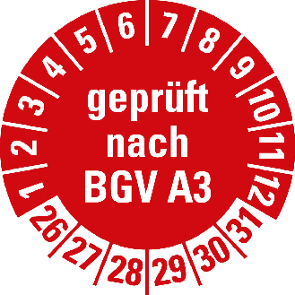 Prüfplakette geprüft nach BGV A3,26-31,rot,Folie,selbstklebend,Ø 30mm,10/Bogen-Beschreibung lesen