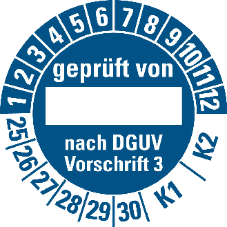 Prüfplakette gepr.von-nach DGUV Vor.3-K1/K2,25-30,blau,Folie,Ø 30mm,10/Bogen-Beschreibung lesen