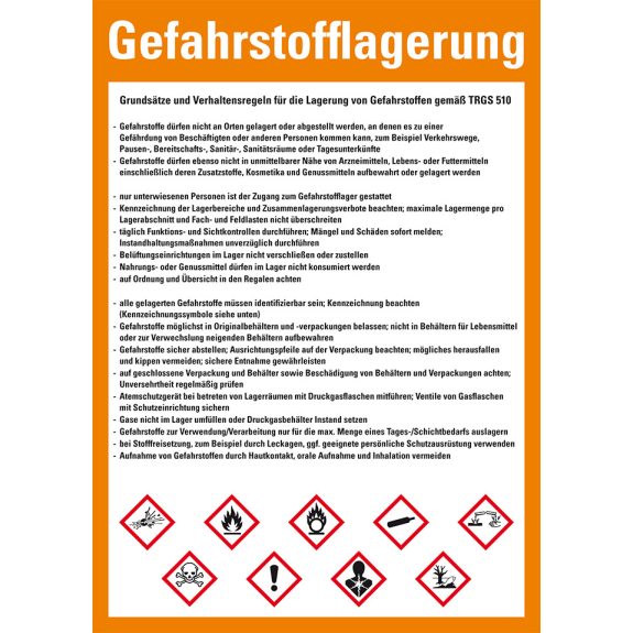 Aushang Grundsätze und Verhaltensregeln Gefahrstofflagerung, Kunststoff, 210x297mm-Beschreibung lesen