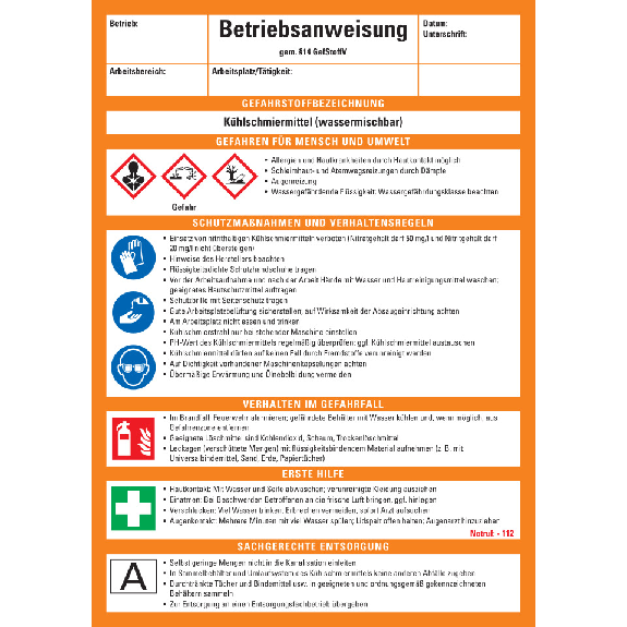 Betriebsanweisung Kühlschmiermittel, CLP/GHS, Kunststoff, 210x297mm, ASR A1.3, DIN EN ISO 7010-Beschreibung lesen