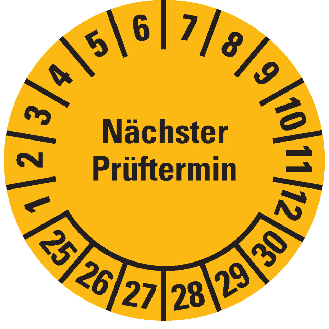 Prüfplakette Nächster Prüftermin 25-30, gelb, Cellulose-Folie, selbstklebend, Ø 30mm, 18/Bogen-Beschreibung lesen