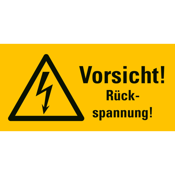 Warn-Kombischild Vorsicht! Rückspannung!, RoHS konform, Folie, selbstklebend, 52x26mm, ASR A1.3, DIN EN ISO 7010 W012-Beschreibung lesen