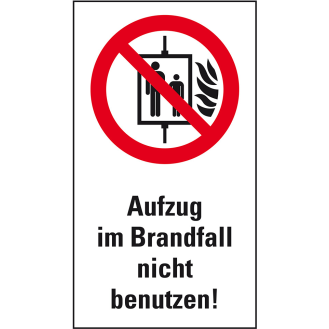 Verbots-Kombi Aufzug im Brandfall nicht benutzen, Kunststoff, 140x250mm, ASR A1.3, DIN EN ISO 7010 P020-Beschreibung lesen