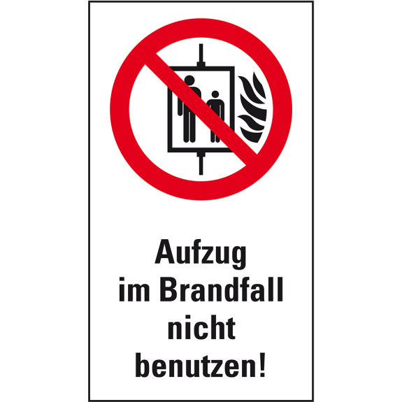 Verbots-Kombi Aufzug im Brandfall nicht benutzen, Kunststoff, 140x250mm, ASR A1.3, DIN EN ISO 7010 P020-Leggi tutto