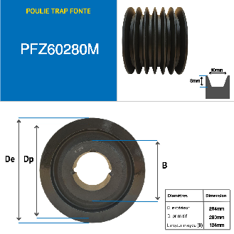 Poleas Poleas trapezoidales con cubo desmontable PFZ60280M Polea trapezoidal de hierro fundido tipo SPZ / Z con cubo desmontable serie 2517 con 6 ranuras, diámetro de paso 280 mm-Leer más