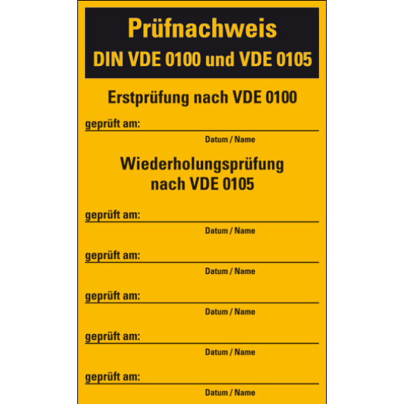 Prüfnachweis, für Sicherungskästen, VDE 0100/VDE 0105, Folie, 130x80mm, 10/Heft-Beschreibung lesen