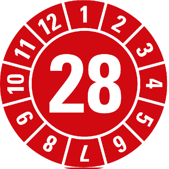 Prüfplakette 28, rot, Folie, selbstklebend, Ø 15mm, 10/Bogen Prüfplakette 28, rot, Folie, selbstklebend, Ø 15mm, 10/Bogen-Beschreibung lesen