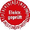 Prüfplakette Elektr.geprüft, 26-31,rot,Folie,f.ölige Untergründe,Ø 30mm,10/Bogen