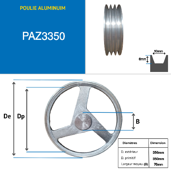 poulie aluminium trapézoïdale 3 gorges type Z diamètre 350 mm poulie aluminium trapézoïdale 3 gorges type Z diamètre 350 mm-Lire la description