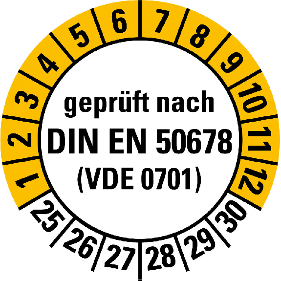 Prüfplakette gepr.n.DIN EN 50678 (VDE0701),25-30,weiß/gelb,Folie,Ø 20mm,10/Bogen-Beschreibung lesen