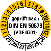 Prüfplakette gepr.n.DIN EN 50678 (VDE0701),25-30,weiß/gelb,Folie,Ø 20mm,10/Bogen