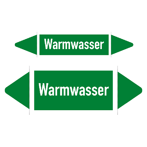 Rohrleitungsetikett Warmwasser, DIN 2403, grün/weiß, für Ø 25-40mm, 126x26mm, 5/Bogen-Beschreibung lesen