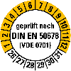 Prüfplakette gepr.n.DIN EN 50678 (VDE0701),26-31,weiß/gelb,Folie,Ø 20mm,10/Bogen Prüfplakette gepr.n.DIN EN 50678 (VDE0701),26-31,weiß/gelb,Folie,Ø 20mm,10/Bogen
