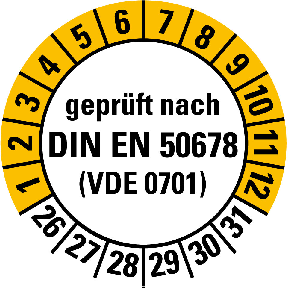 Prüfplakette gepr.n.DIN EN 50678 (VDE0701),26-31,weiß/gelb,Folie,Ø 20mm,10/Bogen Prüfplakette gepr.n.DIN EN 50678 (VDE0701),26-31,weiß/gelb,Folie,Ø 20mm,10/Bogen-Beschreibung lesen
