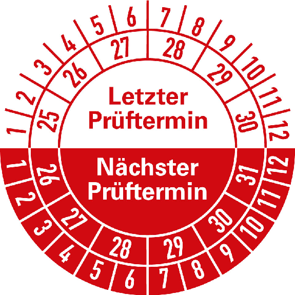 Prüfplakette LP 25-30/NP 26-31, rot, Folie, selbstklebend, Ø 30mm, 10/Bogen-Beschreibung lesen