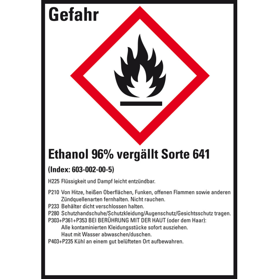 GHS-Etikett Ethanol 96% vergällt Sorte 641, GefStoffV/GHS/CLP, 52x74mm, 10/Bogen-Beschreibung lesen