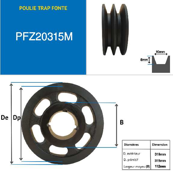 Poleas Poleas trapezoidales con cubo desmontable PFZ20315M Polea trapezoidal de hierro fundido tipo SPZ / Z con cubo desmontable serie 2012 con 2 ranuras, diámetro de paso 315 mm-Leer más