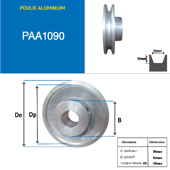 Poleas Poleas trapezoidales macizas PAA1090 Polea trapezoidal de aluminio 1 ranura tipo A diámetro 090 mm-Leer más