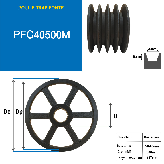 Poleas Poleas trapezoidales con cubo desmontable PFC40500M Polea trapezoidal de hierro fundido tipo SPC / C con cubo desmontable serie 3535 con 4 ranuras, diámetro de paso 500 mm-Leer más