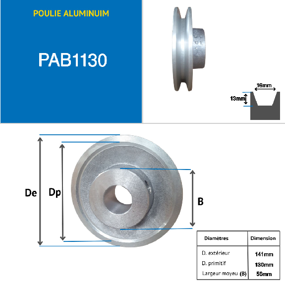 Poleas Poleas trapezoidales macizas PAB1130 Polea trapezoidal de aluminio 1 ranura tipo B diámetro 130 mm-Leer más