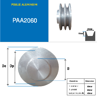 poulie aluminium trapézoïdale  2 gorges type A diamètre 060 mm-Lire la description