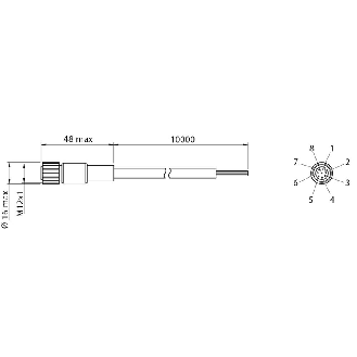 M12A Fem Droit 8p; Câble PVC 8 fils 10m - CD12M/0E-100A1-Lire la description