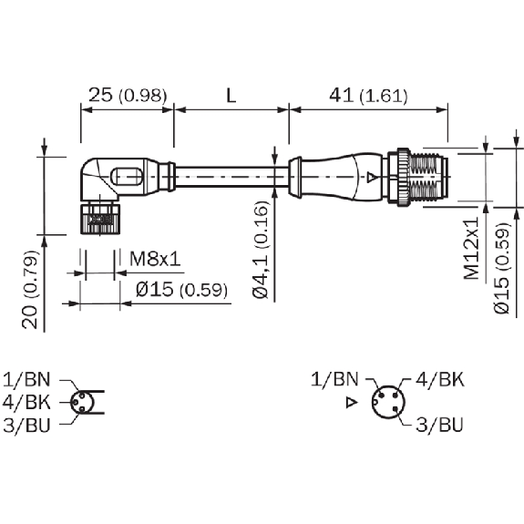 M08A Fem Coudé 3p/M12A Male Droit 3p; PUR 3x0,25 Noir Cpc 2m - YG8U13-020UA1M2A13-Lire la description