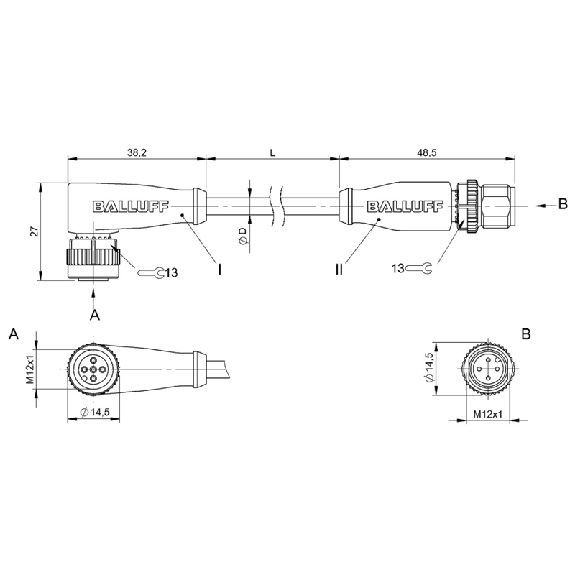 M12A Fem Coudé 5p LED/M12A Mâle Droit 4p; PUR 4x0.34 Noir Cpc 3m - BCC M425-M414-3A-606-PX0434-030 (BCC03C0)-Lire la description