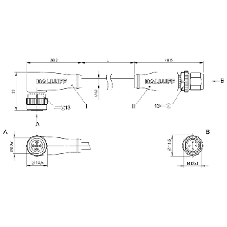 M12A Fem Coudé 5p LED/M12A Mâle Droit 4p; PUR 4x0.34 Noir Cpc 3m - BCC M425-M414-3A-606-PX0434-030 (BCC03C0)-Lire la description