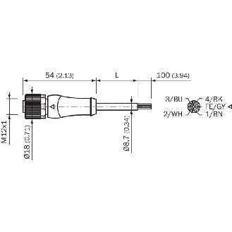 M12L Fem Droit 5p; Câble PUR 5x1,50 Noir Cpc 2m - YF2L15-020UH1XLEAX-Lire la description