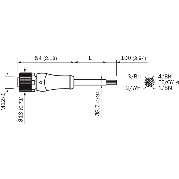 M12L Fem Droit 5p; Câble PUR 5x1,50 Noir Cpc 2m - YF2L15-020UH1XLEAX-Lire la description