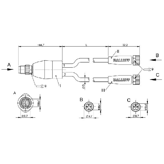 Y-M08A Mâle Droit 4p/2x M08A Fem Droit 3p; PUR Noir Cpc 0.15m - BCC M314-M313-M313-U2024-1D5 (BCC0HUW)-Lire la description